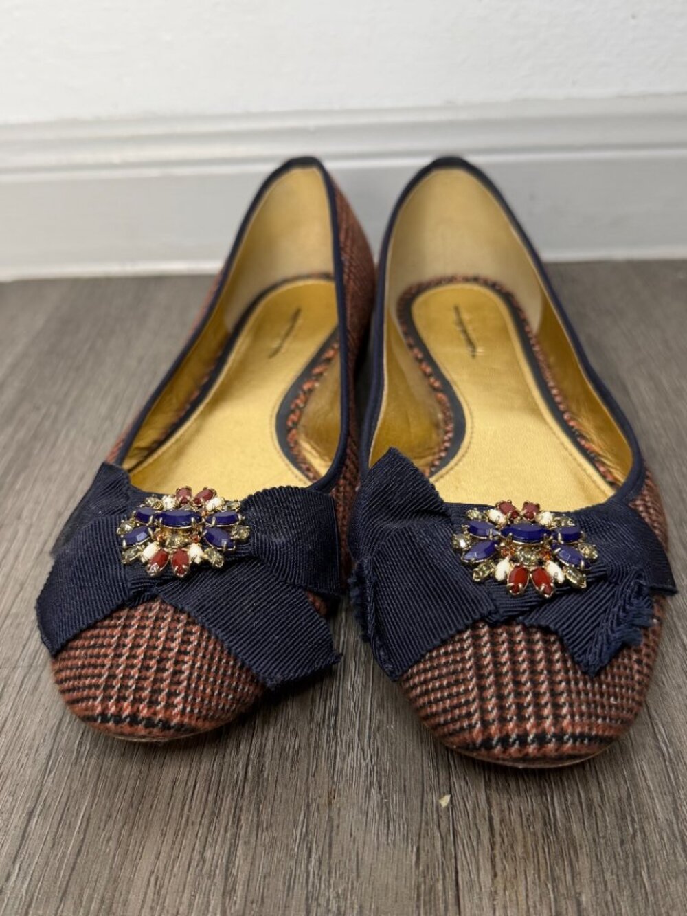 J.Crew Plaid Bow Flats Rust/Navy Women’s Size 7.5 Ballet Shoes - Picture 3 of 10